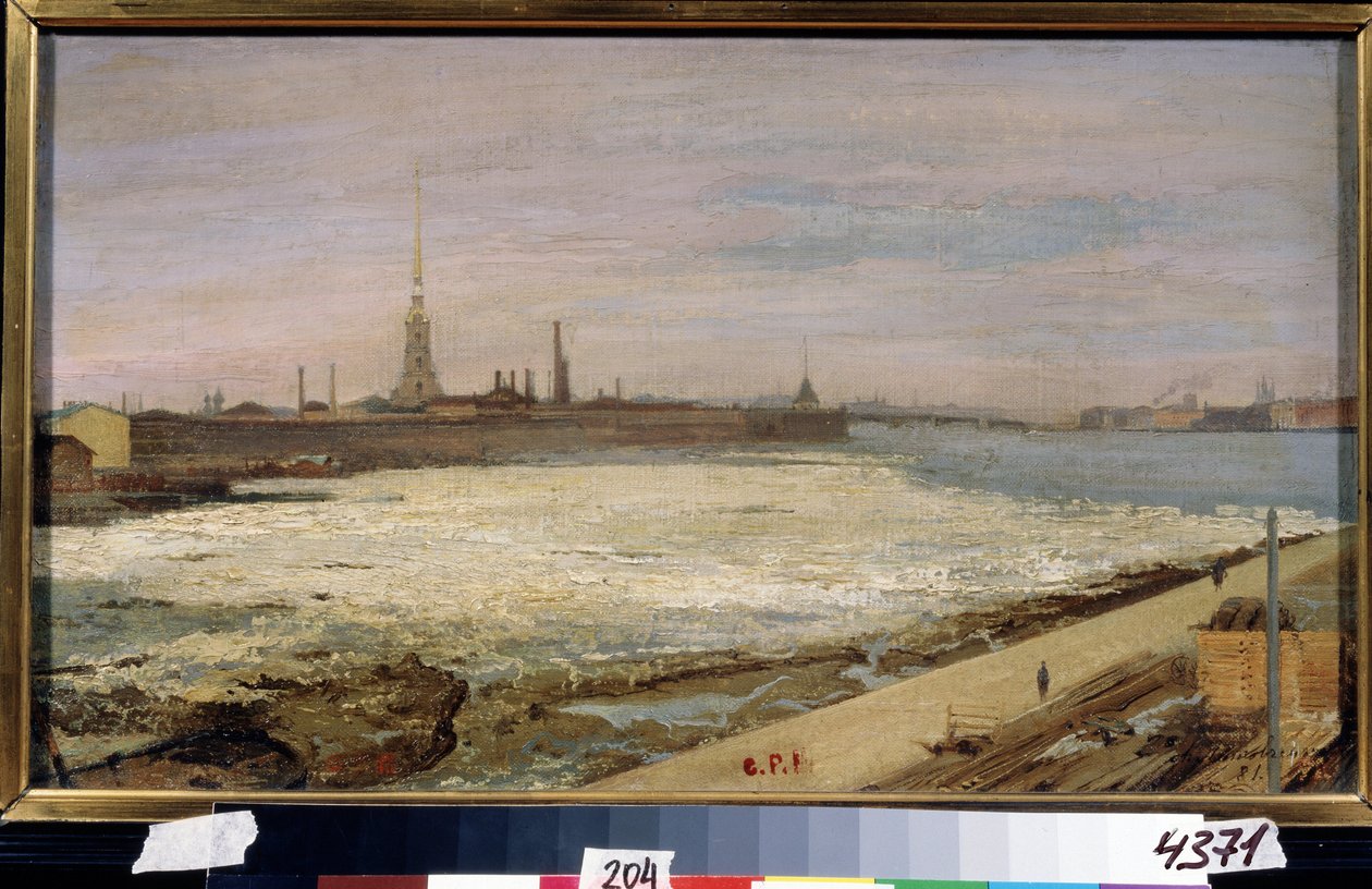 Ice Drift på elven Neva i St. Petersburg (Isdrift i St. Petersburg). I bakgrunnen, katedralen Saint Peter og Paul og festningen. Maleri av Alexander Dmitrievich Litovchenko (Litovchenko) (1835-1890), olje på lerret av Alexander Dimitrievitch Litovtchenko