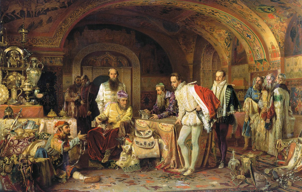 Ivan IV av Russland demonstrerer skattene sine for ambassadøren til dronning Elizabeth I av England, 1875 av Alexander Dmitrievich Litovchenko