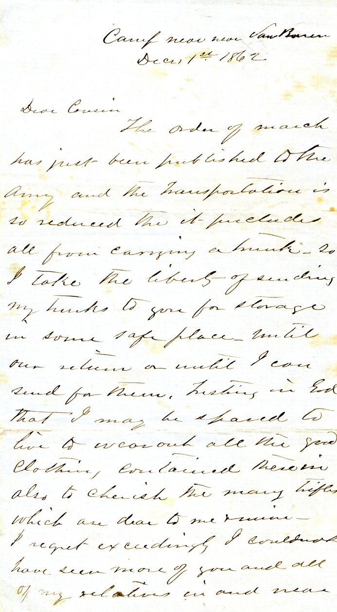 Brev signert A.E. Steen, leir nær Van Buren, til fetteren Mrs. Mary Walker, Van Buren, Ark., 1. desember 1862 av Alexander Early Steen