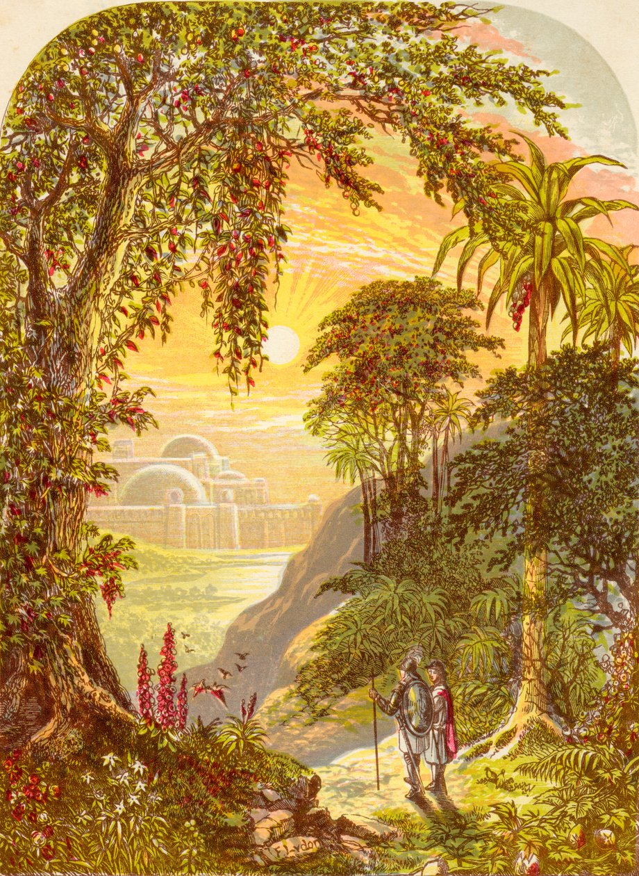 Christian and Hopeful in the land of Beulah, fra The Pilgrims Progress av John Bunyan, utgitt ca. 1880 av Alexander Francis Lydon