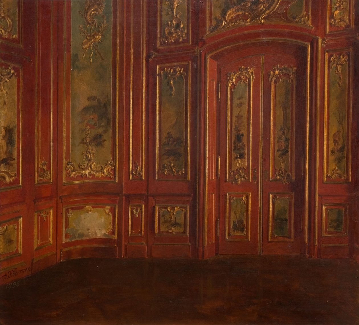 Interiør i et rom med rokokkopanel, 1896. av Alexander Friedrich Werner