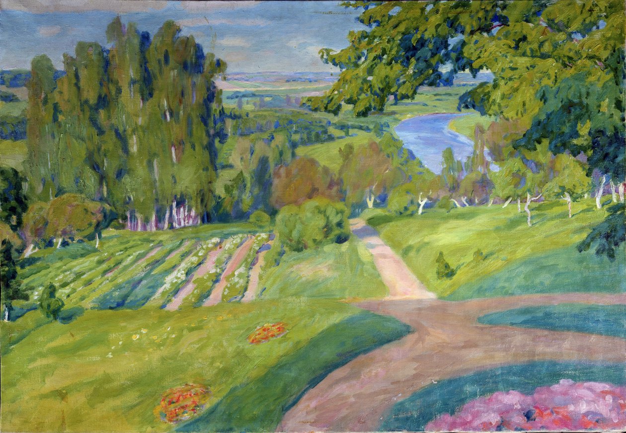 Et landsted. Maleri av Alexander Fyodorovich Gaush (1873-1947), olje på lerret, cirka 1910, russisk kunst, art nouveau. Regionalt M.Vrubel kunstmuseum, Omsk (Russland). av Alexander Gaush