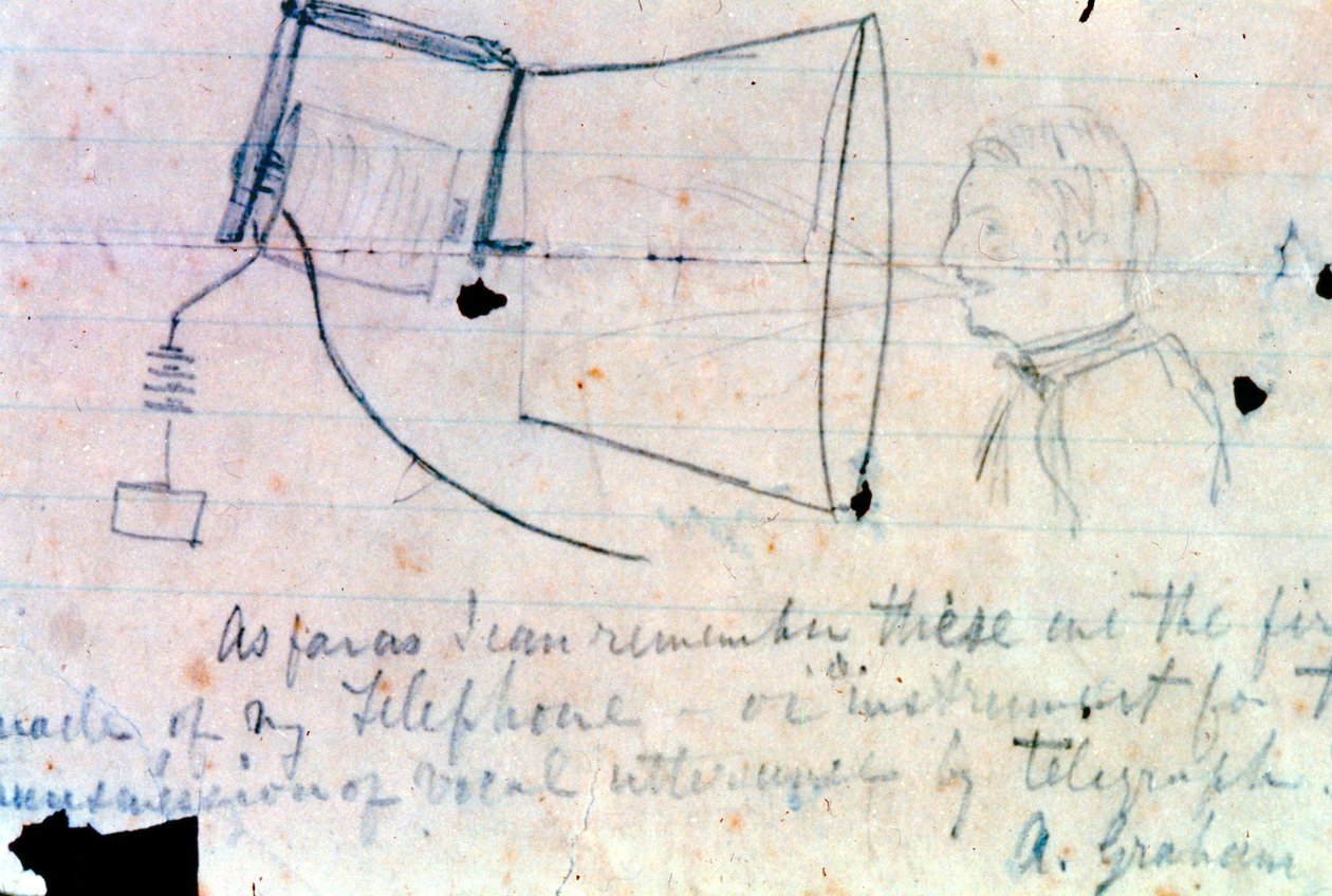 Skisse av Alexander Graham Bells telefon fra 1876 av Alexander Graham Bell