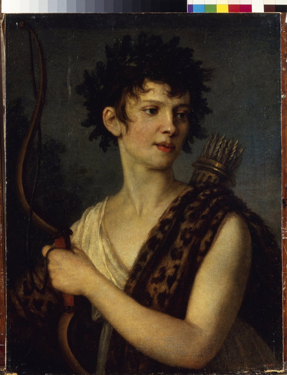 Portrett av skuespillerinne og ballerina Evgenia Kolosova (1782-1869). (Portrett av skuespillerinnen og ballettdanseren E. Kolosova). Avbildet mens han holder en bue og bærer et kogger fylt med piler, kronet med eikeblader og kledd i leopardskinn. pei av Alexander Grigoryevich Vanek