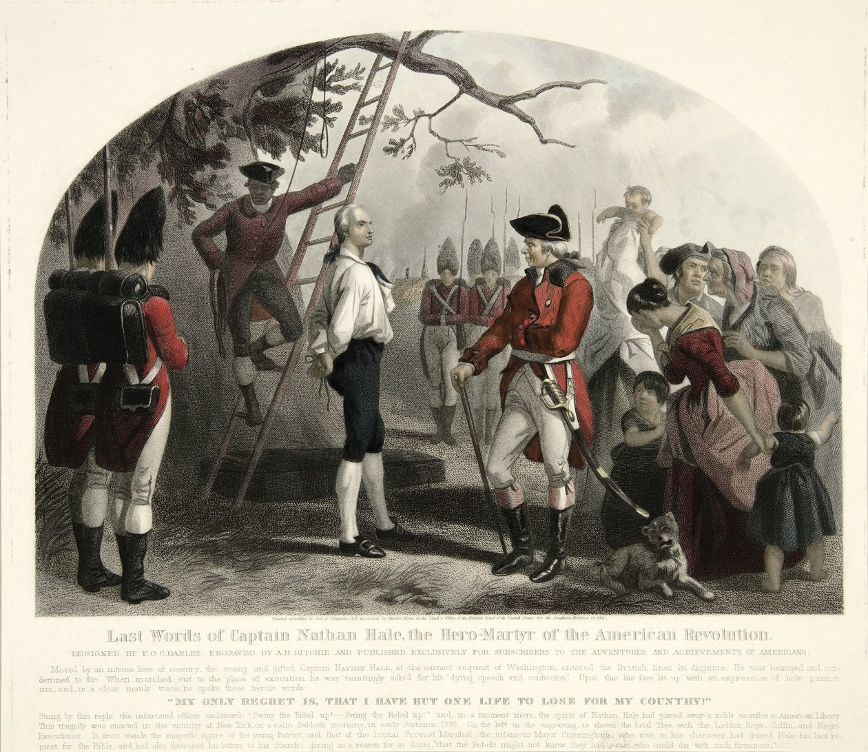 Last Words of Captain Nathan Hale?, pub. 1858 (håndfarget gravering) av Alexander Hay Ritchie