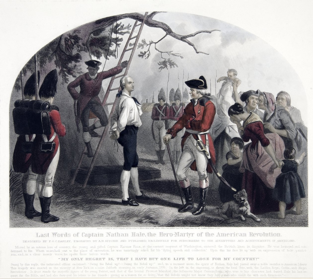 Last Words of Captain Nathan Hale, pub. 1858 (håndfarget gravering) av Alexander Hay Ritchie