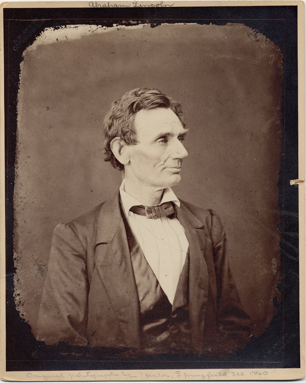 Abraham Lincoln (1809-65), USAs 16. president, kopitrykk etter bilde av Alexander Hesler, 1860 (albumfoto) av Alexander Hesler