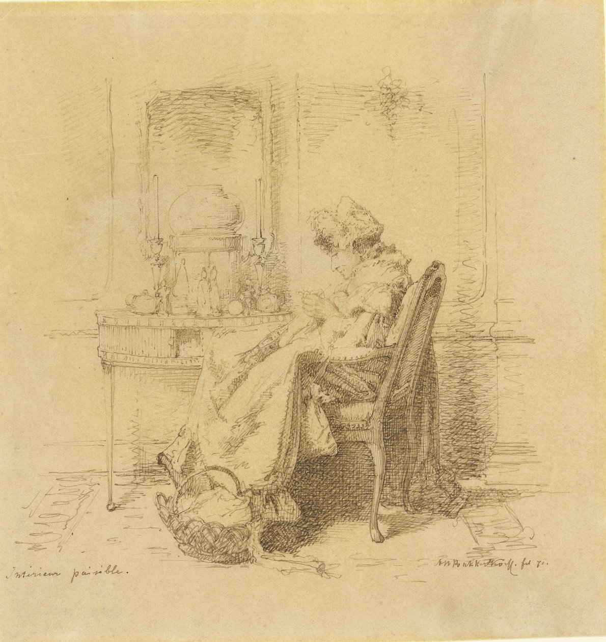Strikke gammel dame Interiør paisible (tittel på objekt) av Alexander Hugo Bakker Korff