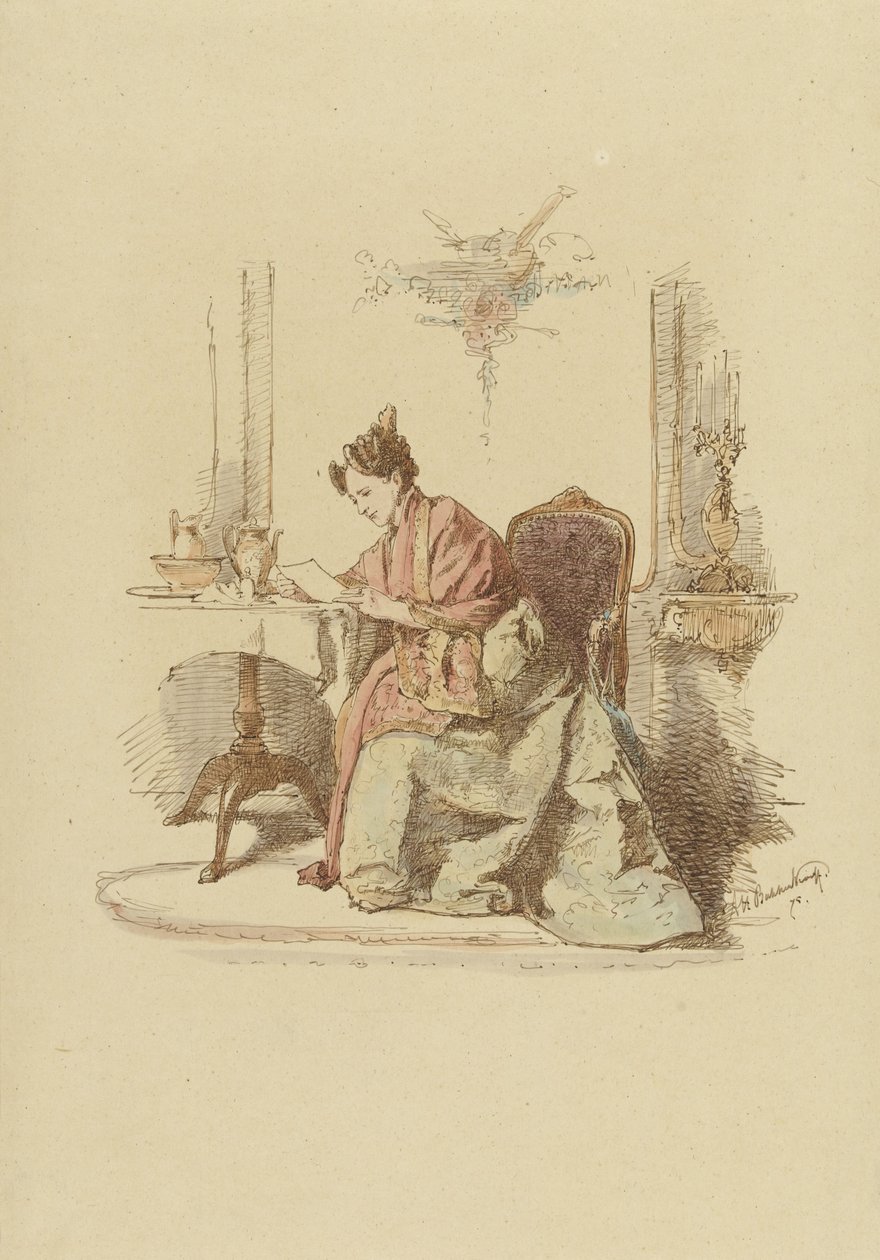 Kvinne leser et brev ved et bord av Alexander Hugo Bakker Korff