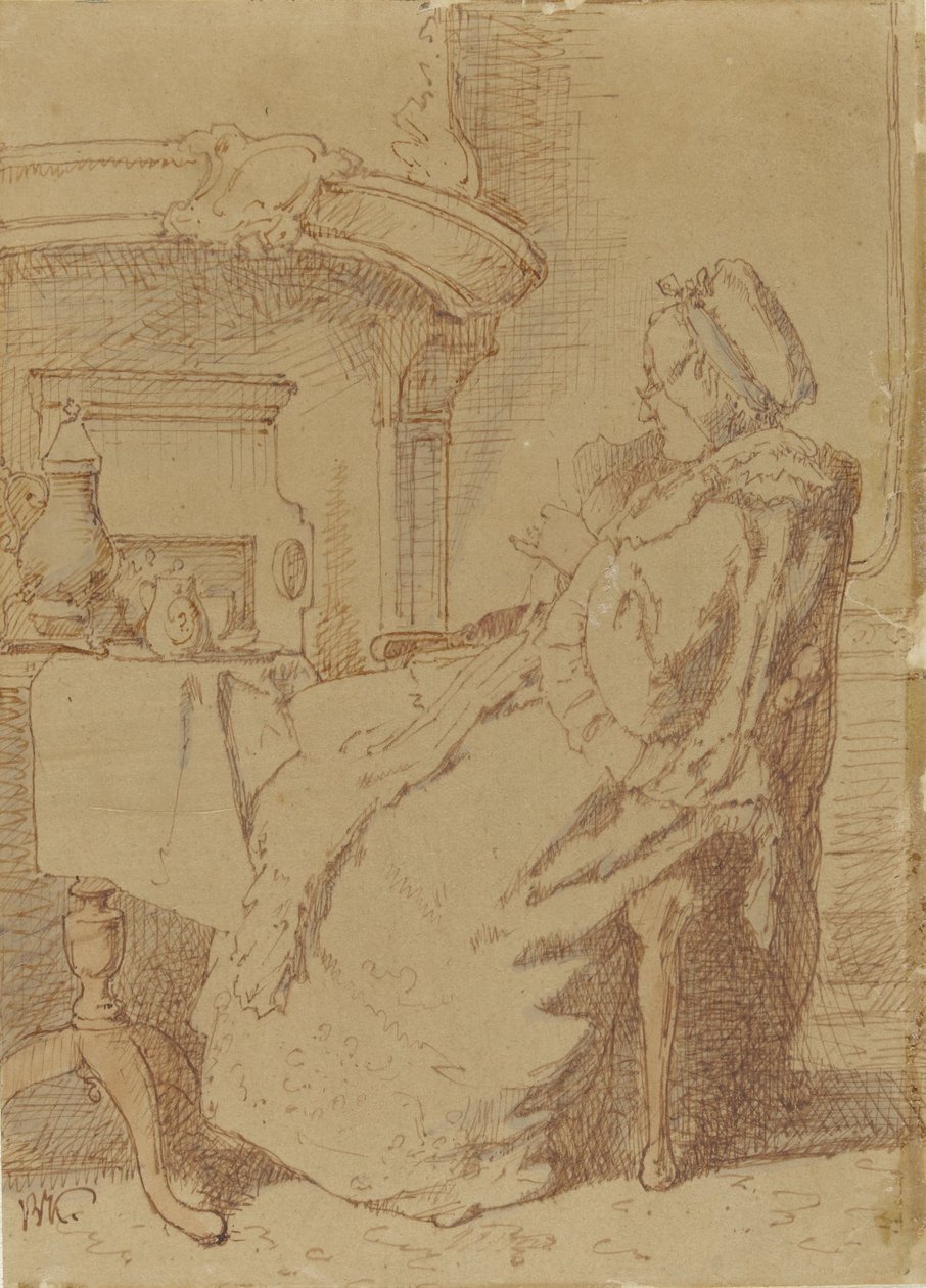 Sitter og strikker kjerring ved et bord av Alexander Hugo Bakker Korff