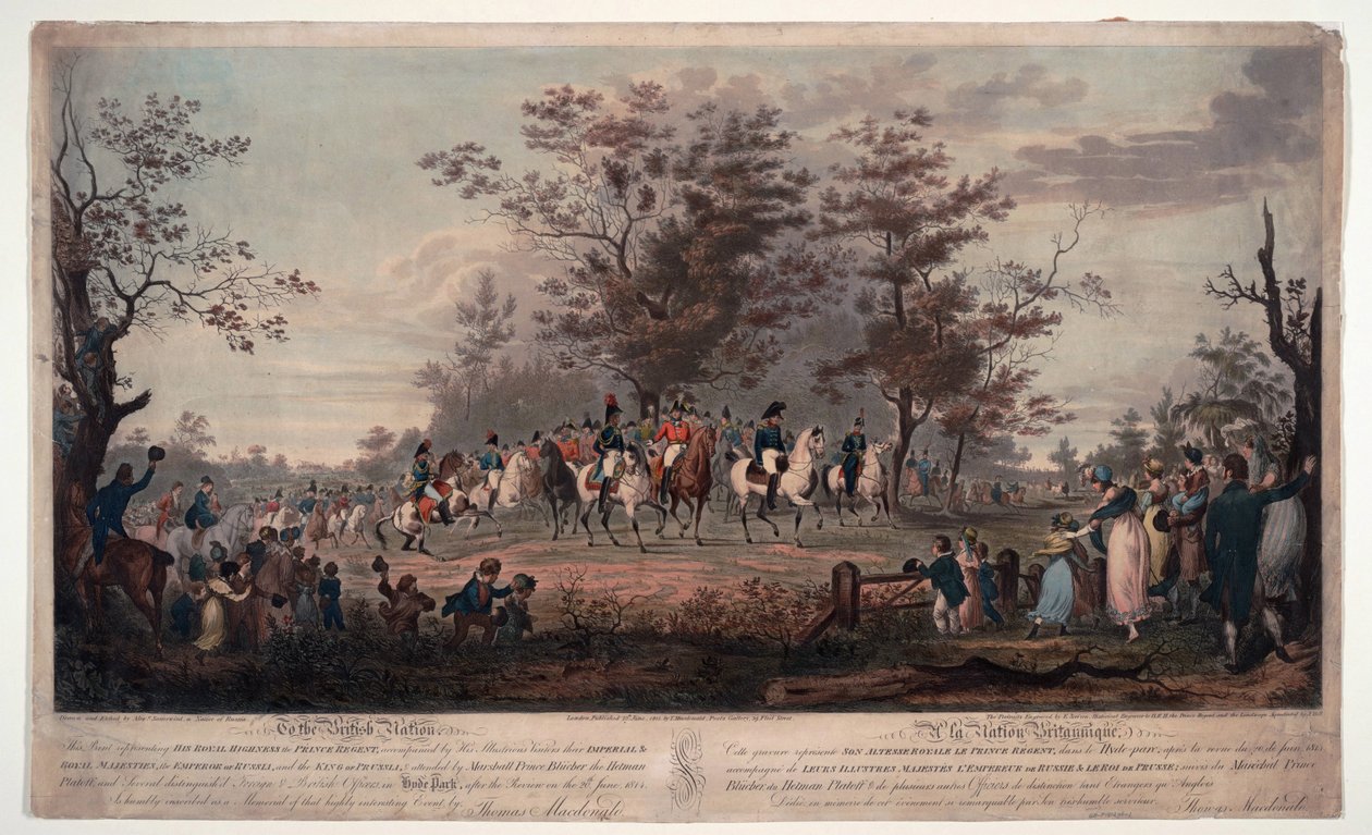 Frederic Guillaume (Frederic-Guillaume) III av Preussen (1770-1840) - De allierte suverene passerte til anmeldelse i Hyde Park 1814 - Prins Regent, William III av Preussen, Alexander I (Alexander I av Russland av Alexander Ivanovich Sauerweid
