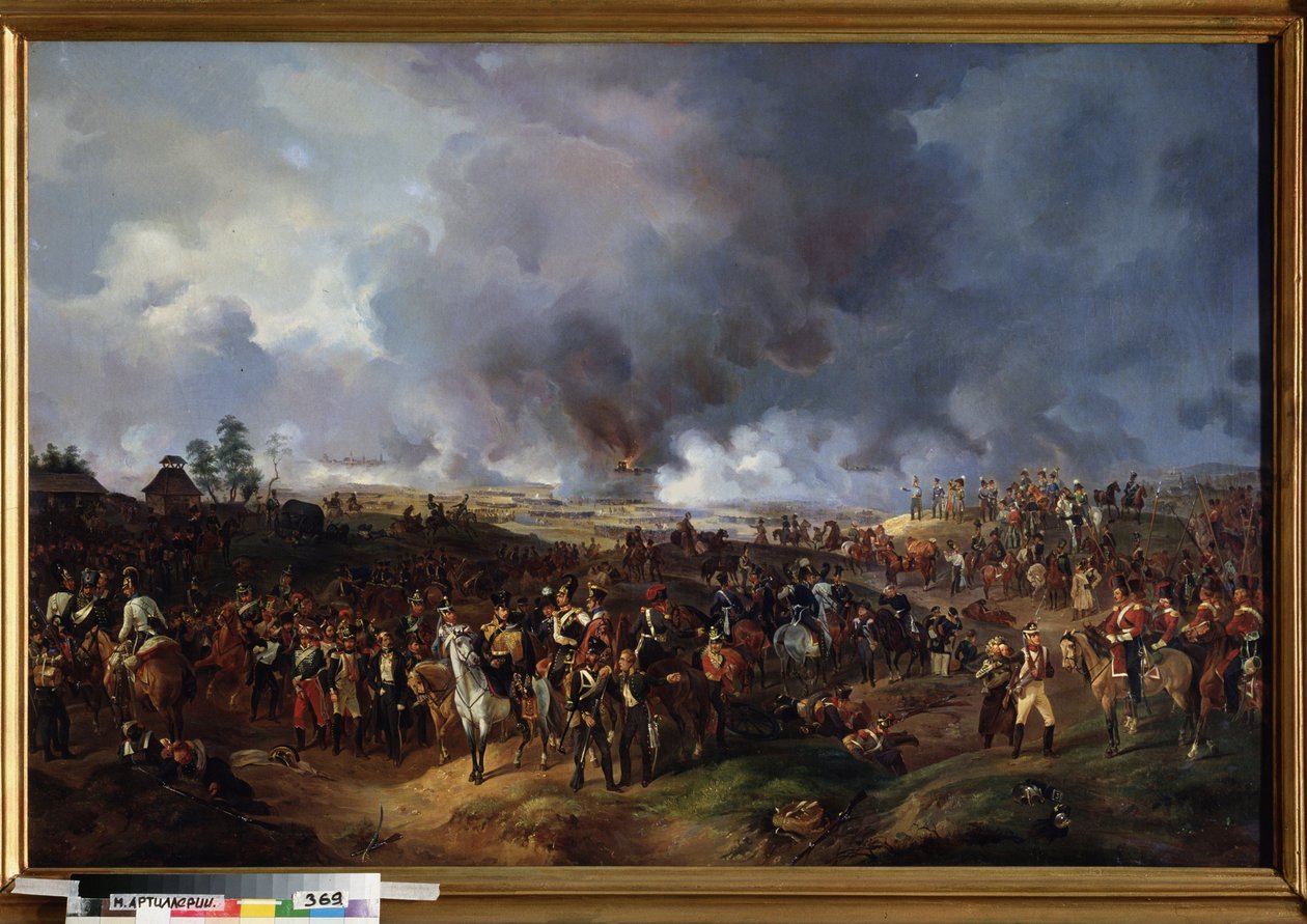 The Battle of the Nations at Leipzig (Tyskland), oktober 1813. (Eller Battle of Leipzig, episode av Napoleonskrigene, under det tyske felttoget (1813). Maleri av Alexander Ivanovich Sauerweid (1783-1844), olje på lerret av Alexander Ivanovich Sauerweid