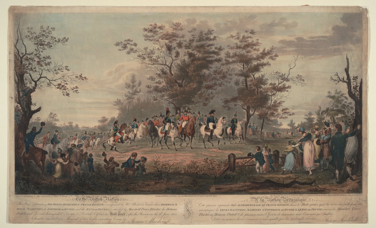 Prins Regent, Vilhelm III av Preussen, Alexander I, General Blücher og Hetman Platov anmelder tropper av Alexander Ivanovich Sauerweid