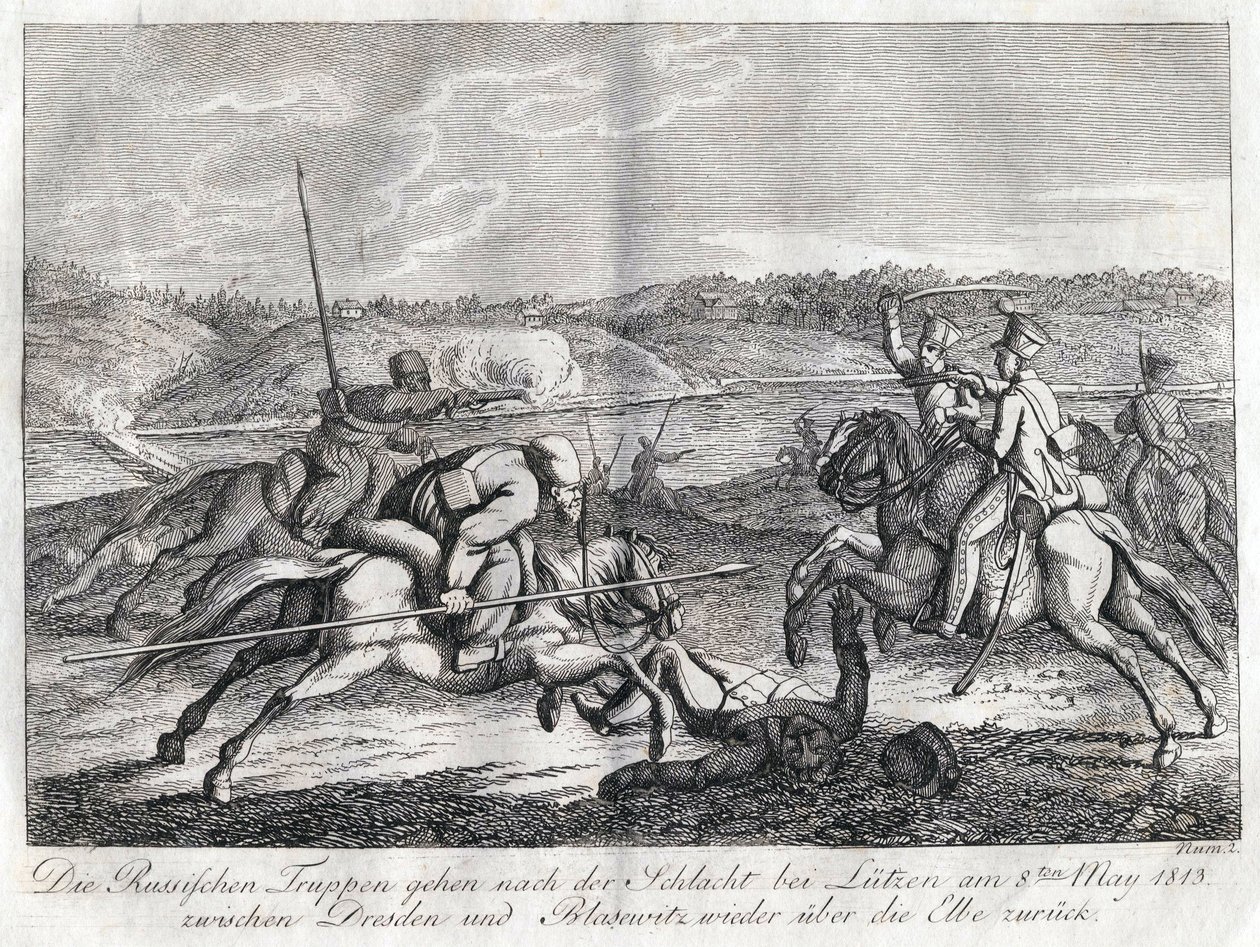 Russiske tropper drar etter slaget ved Lutzen tilbake over Elben - Sauerweid, Alexander Ivanovich (1783-1844) - 1813 - Etsning - 21x26 - Privat samling av Alexander Ivanovich Sauerweid