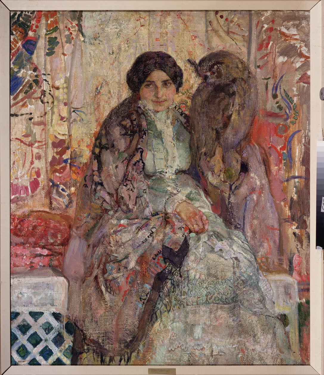 Kvinne med en ørnugle. Maleri av Alexander Ivanovich Savinov (1881-1942), olje på lerret av Alexander Ivanovich Savinov