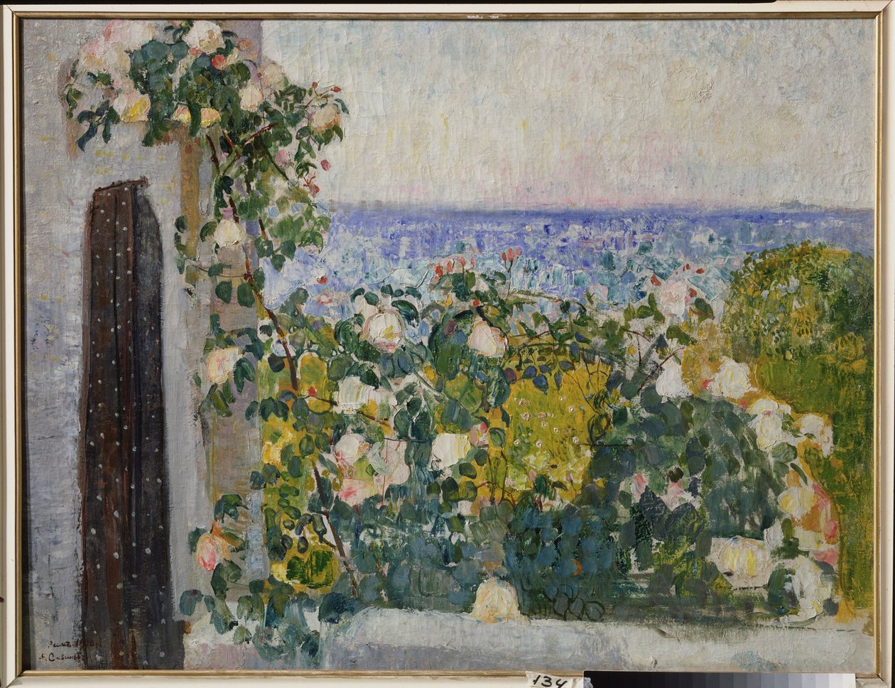 Blomster på balkongen i Roma (Italia). Maleri av Alexander Ivanovich Savinov (1881-1942), olje på lerret av Alexander Ivanovich Savinov