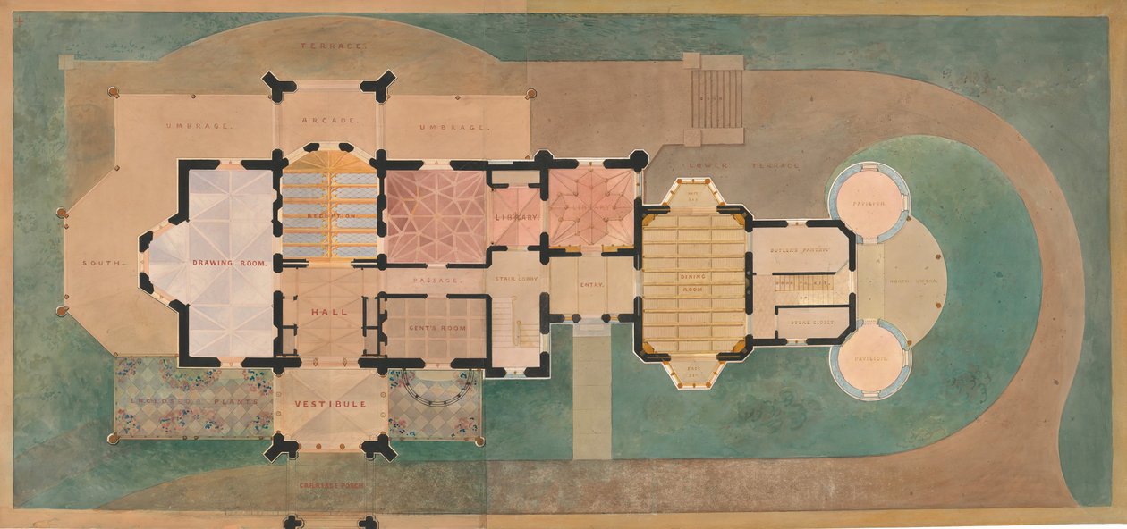 Lyndhurst for George Merritt, Tarrytown, New York første etasjeplan, 1865. av Alexander Jackson Davis