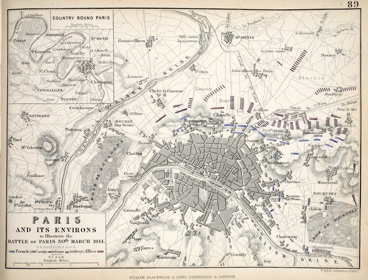 Kart over Paris og dens omgivelser, utgitt av William Blackwood and Sons, Edinburgh og London av Alexander Keith Johnston