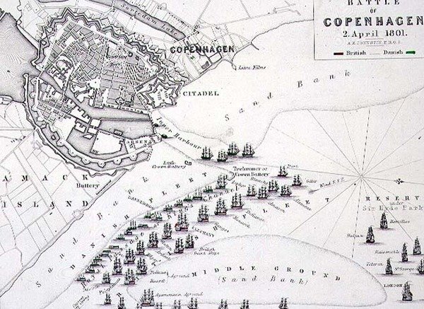 Plan for slaget ved København, 2. april 1801, ca. 1830-tallet (gravering) av Alexander Keith Johnston