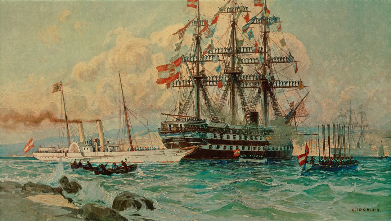 Den østerrikske yachten Fantasie og linerskipet Kaiser … (maleri på lerret) av Alexander Kirchner