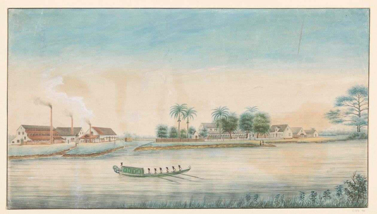 Utsikt over sukkerplantasjen Catharina Sophia fra vannet av Alexander Ludwich Brockmann