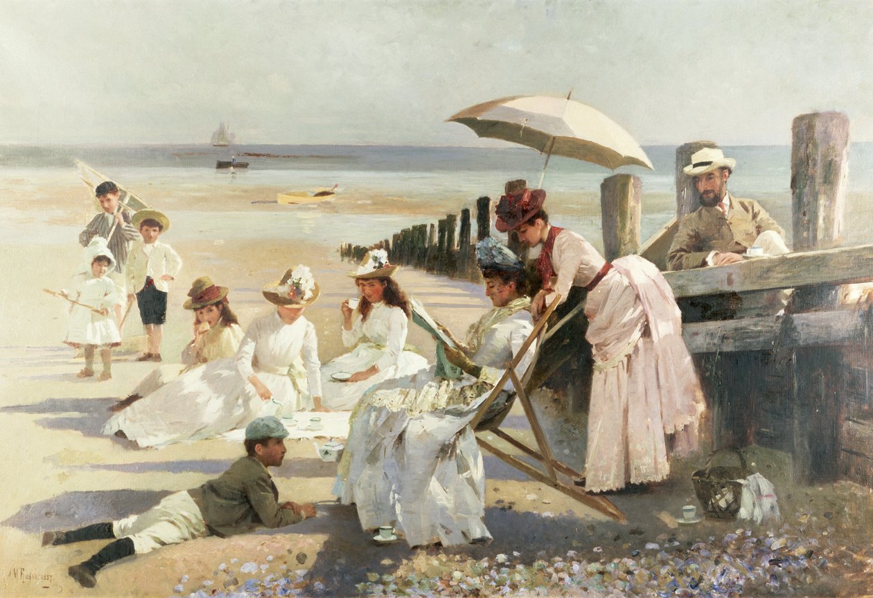 On the Shores of Bognor Regis - Portrettgruppe av Harford-paret og deres barn, 1887 av Alexander M. Rossi