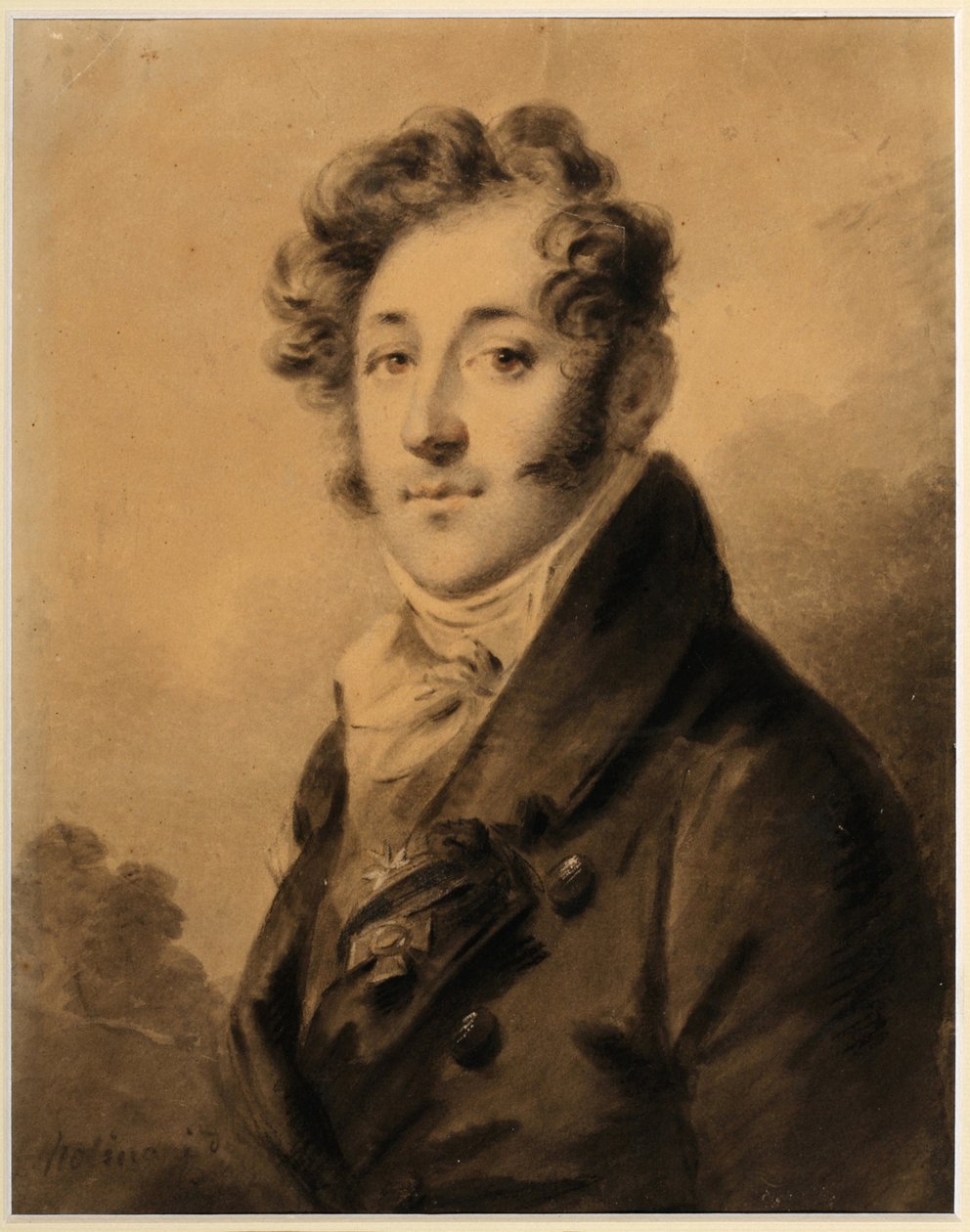 Portrett av Konstantin Yakovlevich Bulgakov (1782-1835) - Verk av Alexander (Alexandre) Molinari (1772-1831), Sanguine og kritt på papir, cirka 1800, 28x22,3 cm - (Portrett av Konstantin Yakovlevich Bulgakov, Sanguine, svart kritt hvit farge på av Alexander Molinari