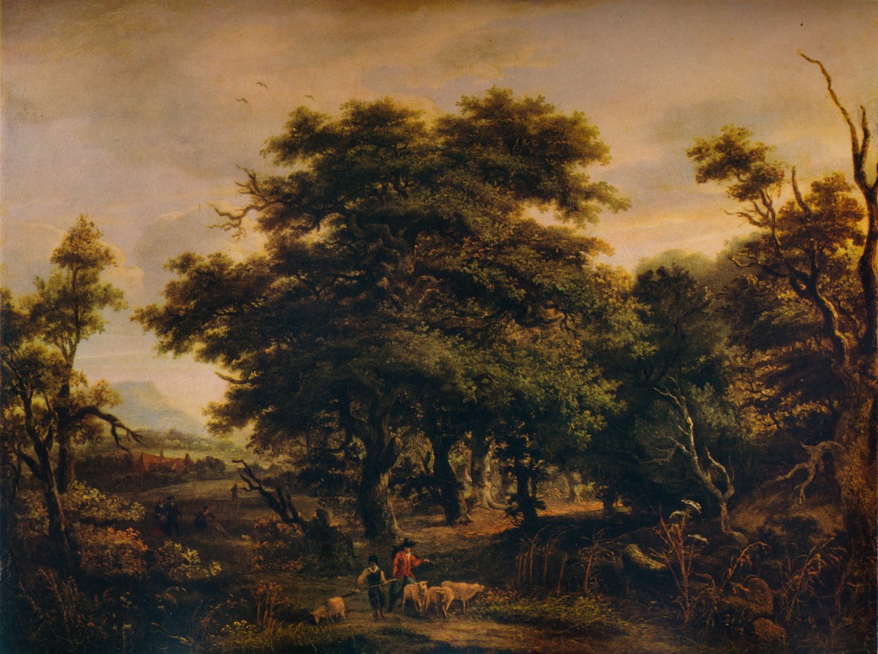 Et treaktig landskap, med figurer og sauer, c1805 av Alexander Nasmyth