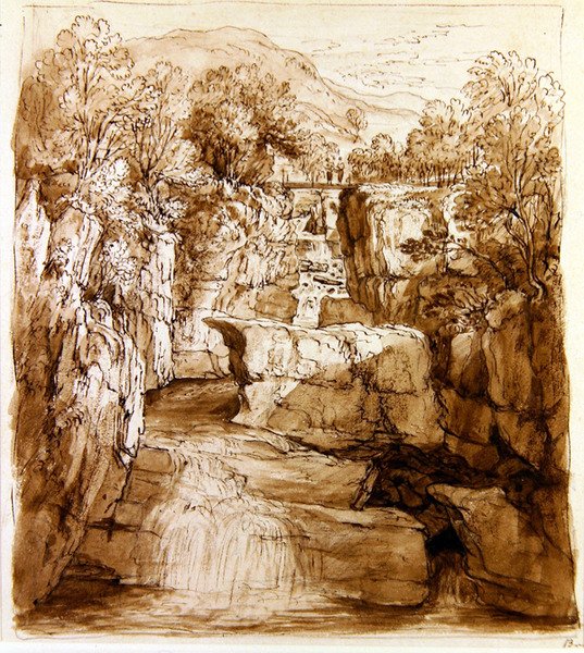 The Bracklinn Falls, Perthshire, ca. 1810 (penn og brunt blekk med vask på papir) av Alexander Nasmyth