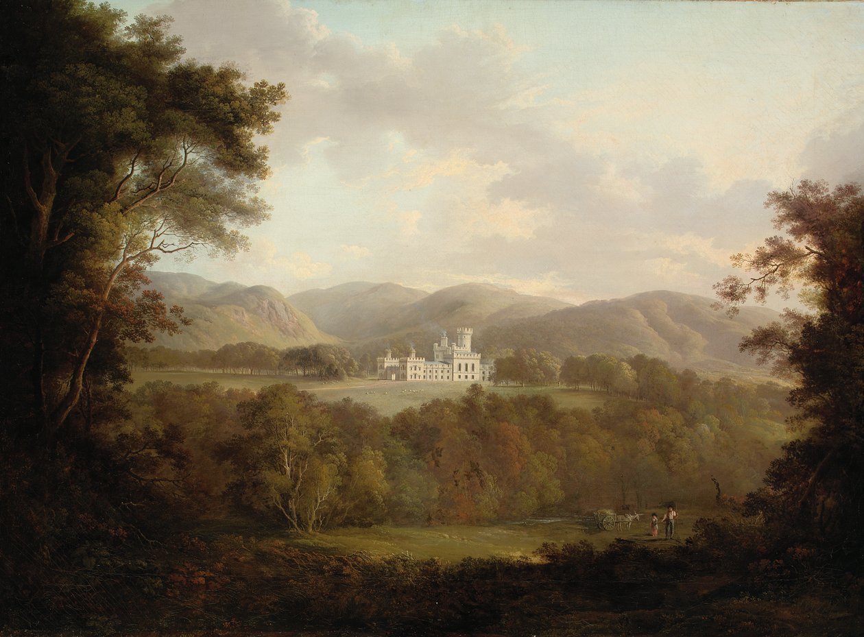 Utsikt over Dreghorn Castle, Midlothian, med figurer og en høyvogn i forgrunnen (olje på lerret) av Alexander Nasmyth