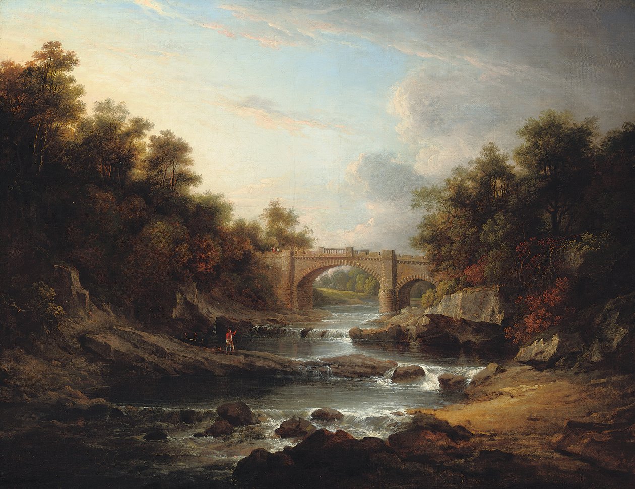 Utsikt over elven Almond, nær Edinburgh, med Almondell Bridge og en fisker av Alexander Nasmyth