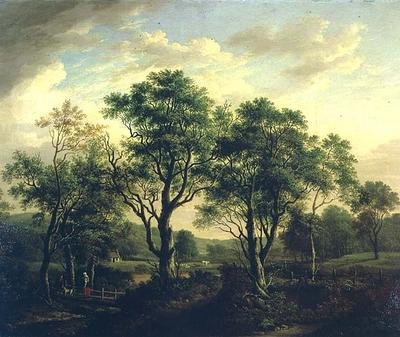 Skogkledd elvelandskap med figurer og storfe (olje på lerret) av Alexander Nasmyth