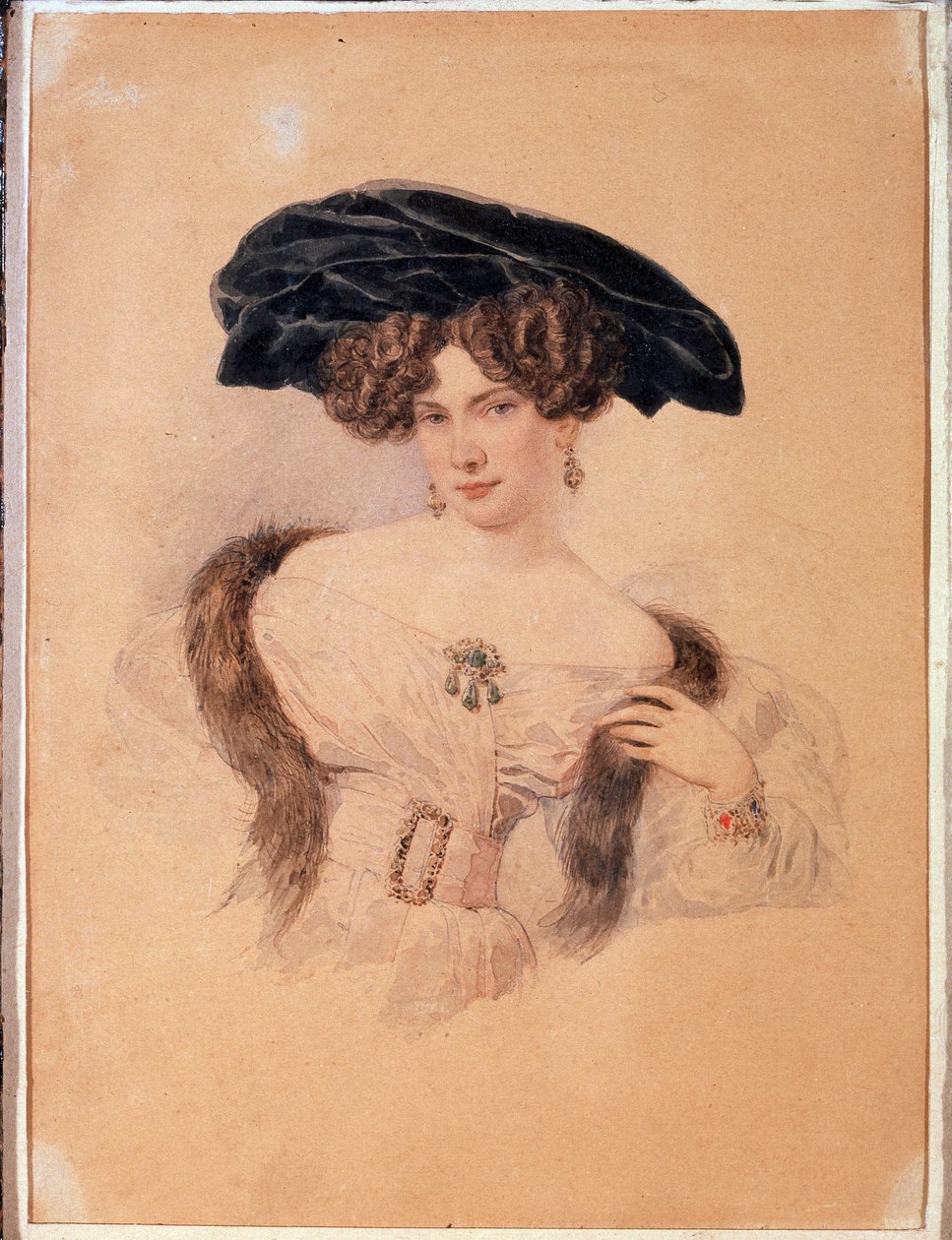 Portrett av kunstneren Yevdokiya Bakunina (1793-1882) i svart beret (Portrett av kunstneren Yevdokiya Bakunina i svart beret). Kunstverk av Alexander Pavlovich Briullov (Alexander Briullov) (1798-1877). Akvarell på papir av Alexander Pavlovich Briullov