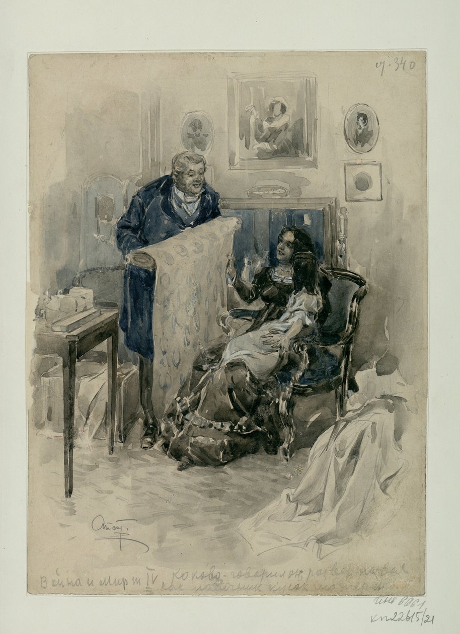 Pierre in the family. Epilogue. Illustration for the novel War and Peace by Leo Tolstoy, 1911-1912.    1200040   no       norwegian Successfully Translated  Original: Speculum Romanae Magnificentiae: Lion Attacking a Horse, c1540-80. Translat: Speculum Rom av Alexander Petrovich Apsit