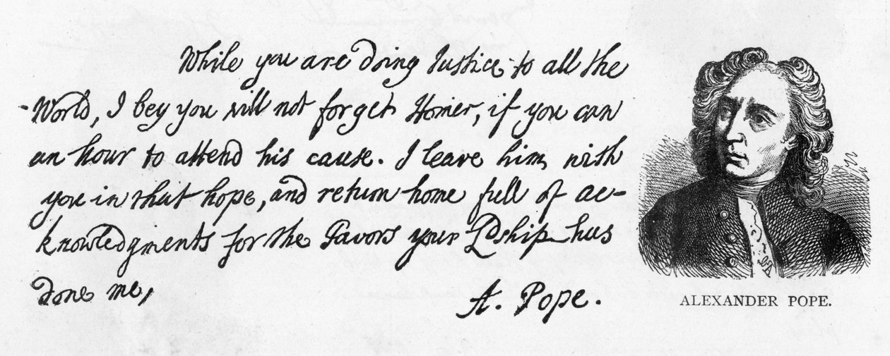 Håndskrift og signatur av Alexander Pope fra et brev til Lord Halifax der han ba ham om ikke å glemme oversettelsen av Homer, som han hadde gitt til Lord Halifax før publisering og takket ham for av Alexander Pope