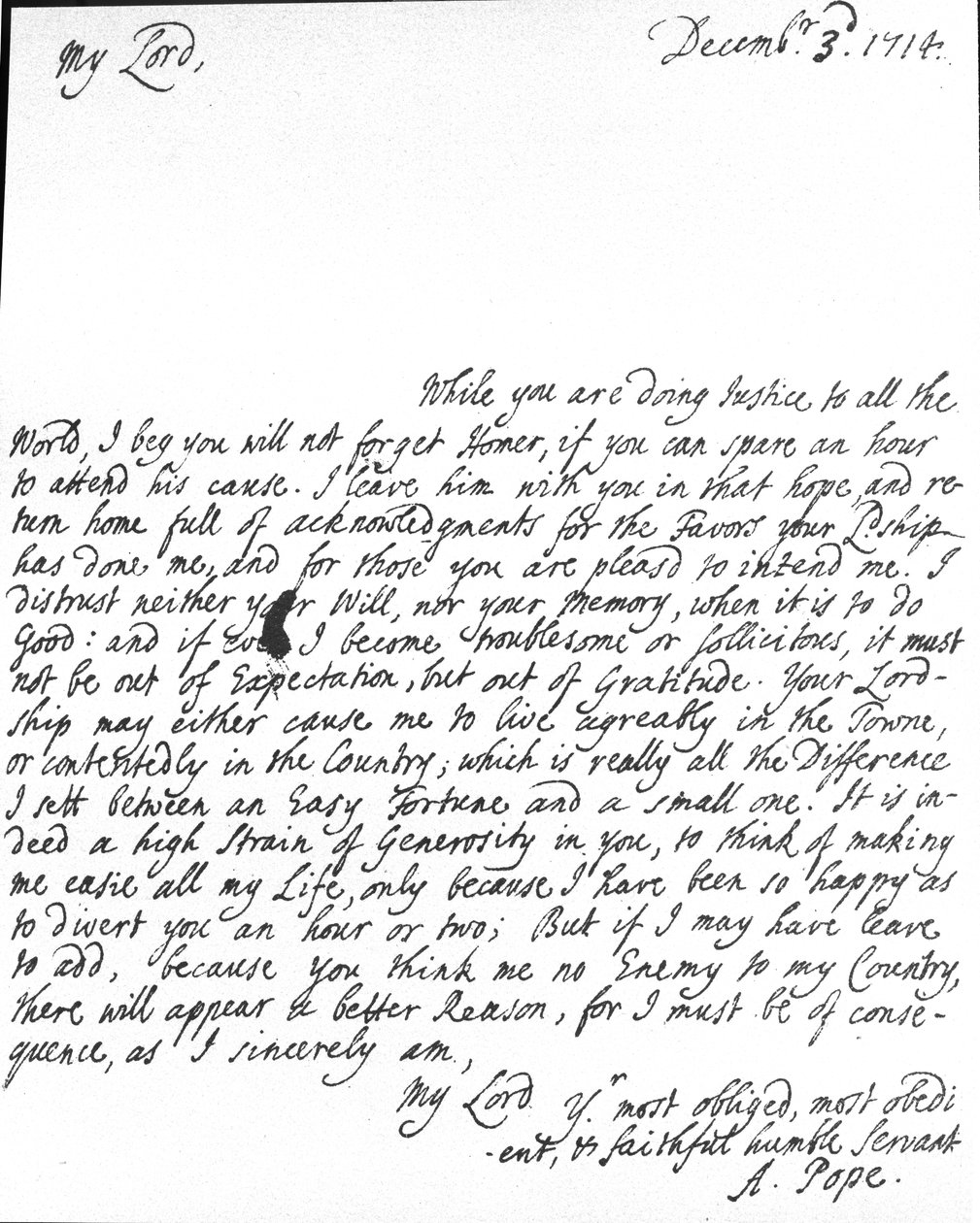 Brev fra Alexander Pope til Lord Halifax der han ba ham om ikke å glemme sin oversettelse av Homer, som han hadde gitt til Lord Halifax før publisering, og også takke ham for tjenester og generøsitet, av Alexander Pope