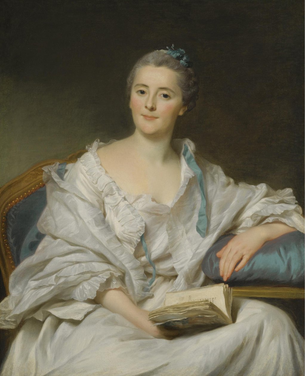 Portrett av Marie-Françoise Julie Constance Filleul, Marquise de Marigny med en bok av Alexander Roslin