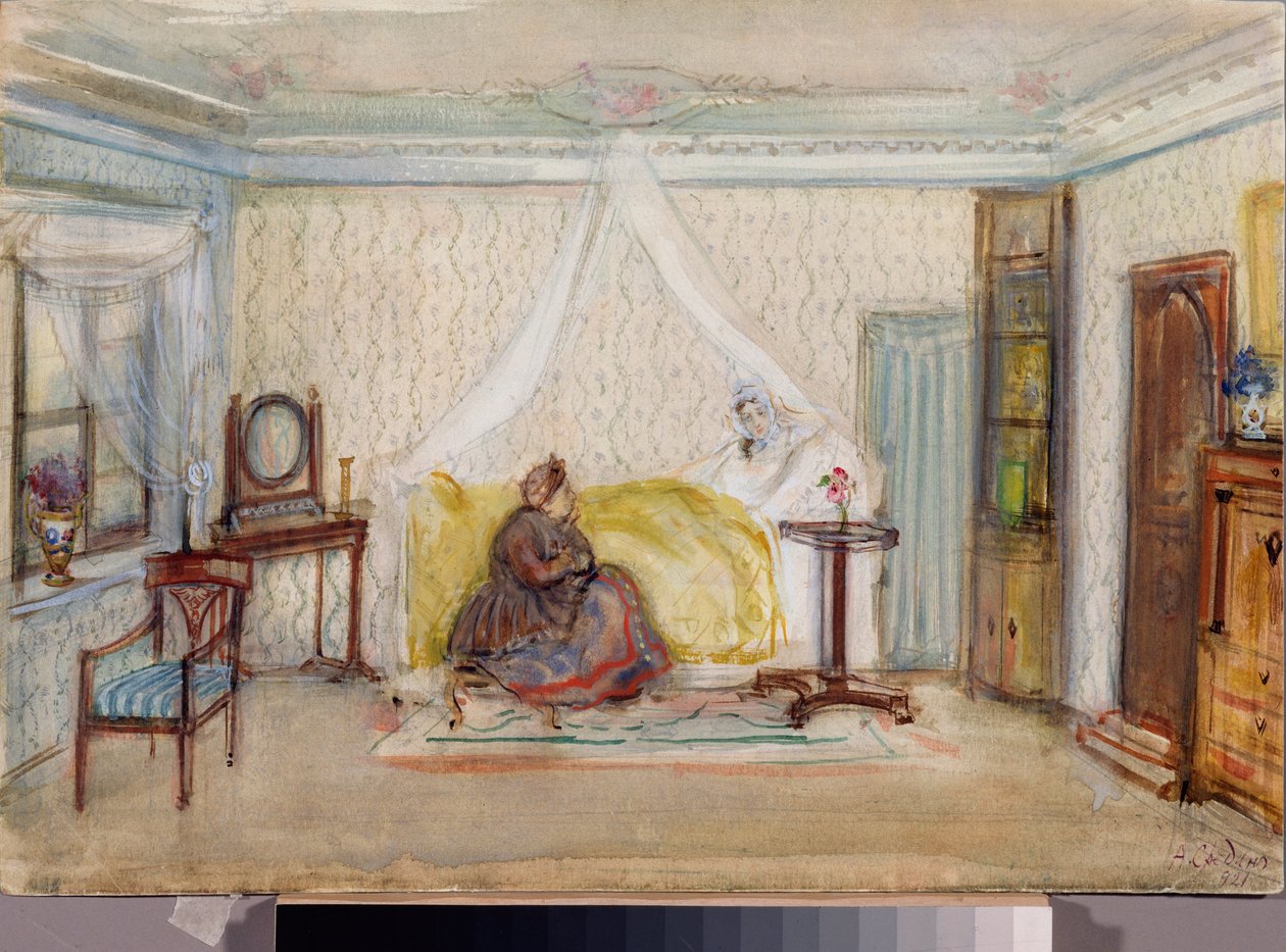 Scenedesign for operaen "Eugene Onegin" av Piotr Tchaikovsky (1840-1893) (Scenedesign for operaen Eugene Onegin av P Tchaikovsky) - Oeuvre de Alexander Valentinovich Sredin (Sredine) (1872-1934), akvarell og hvitt på papir av Alexander Sredin