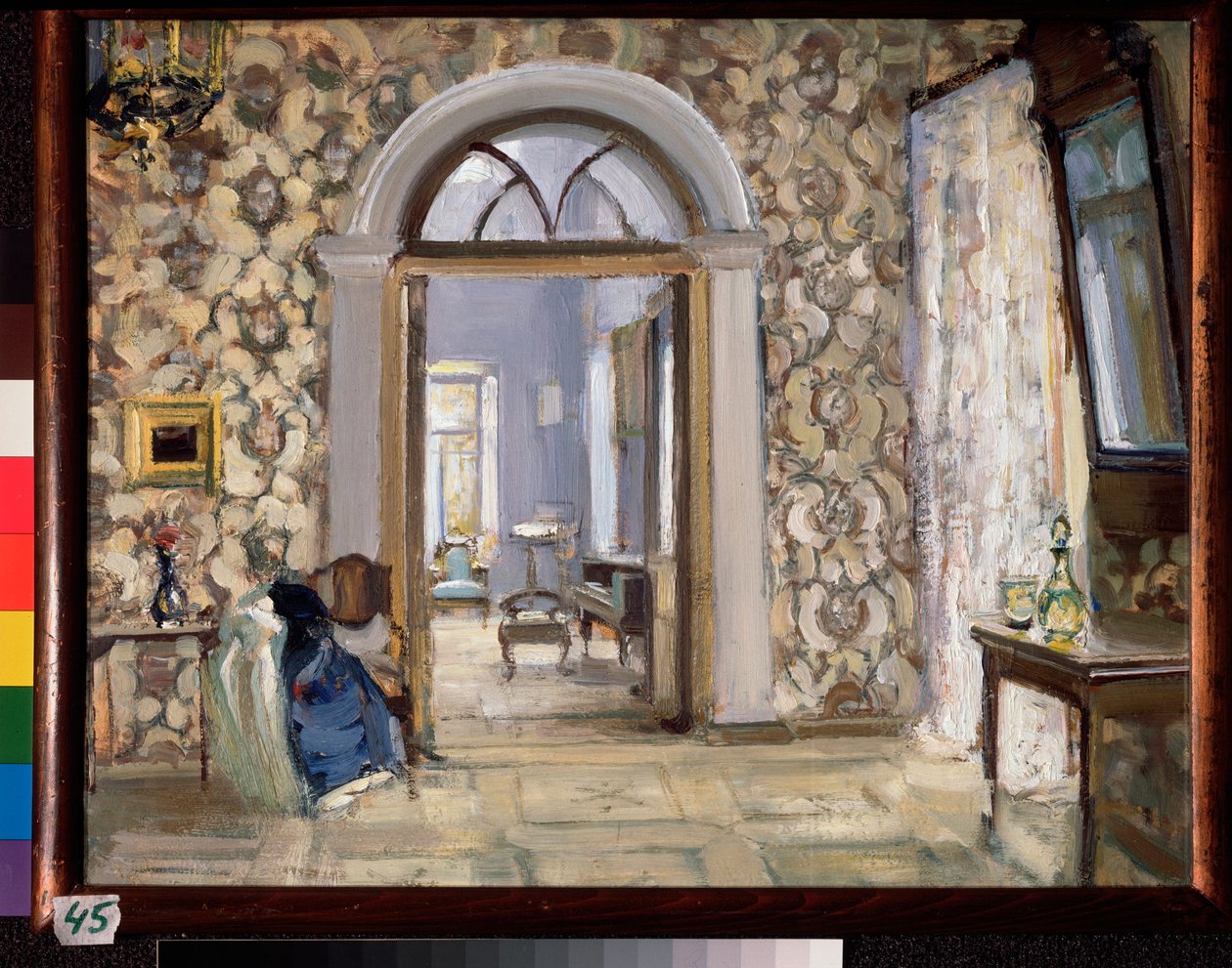 Mottaksrommet til Obninskys herregård Belkino - Verk av Alexander Valentinovich Sredin (Sredine) (1872-1934), olje på papp - russisk kunst, sent 1800-begynnelsen av 1900-tallet, modernisme - stat av Alexander Sredin