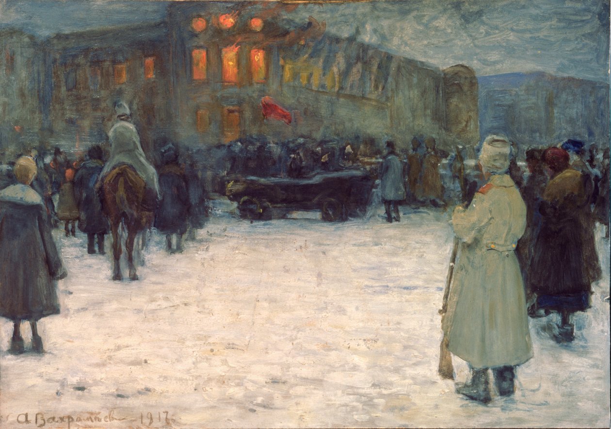En brann ved det litauiske slottet, februarrevolusjonen 1917, St. Petersburg - Verk av Alexander Ivanovich Vakhrameyev (1874-1926), gouache på papir av Alexander Vakhrameyev