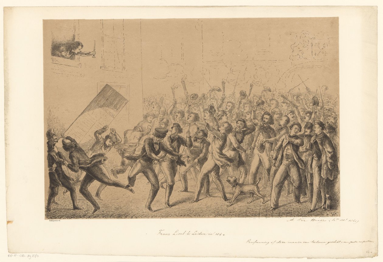 Jublende studenter hilser på idolet Franz Liszt Franz Liszt i Leiden i 184* (tittel på objekt) Fra fortiden (serietittel) av Alexander Ver Huell (signed by artist)