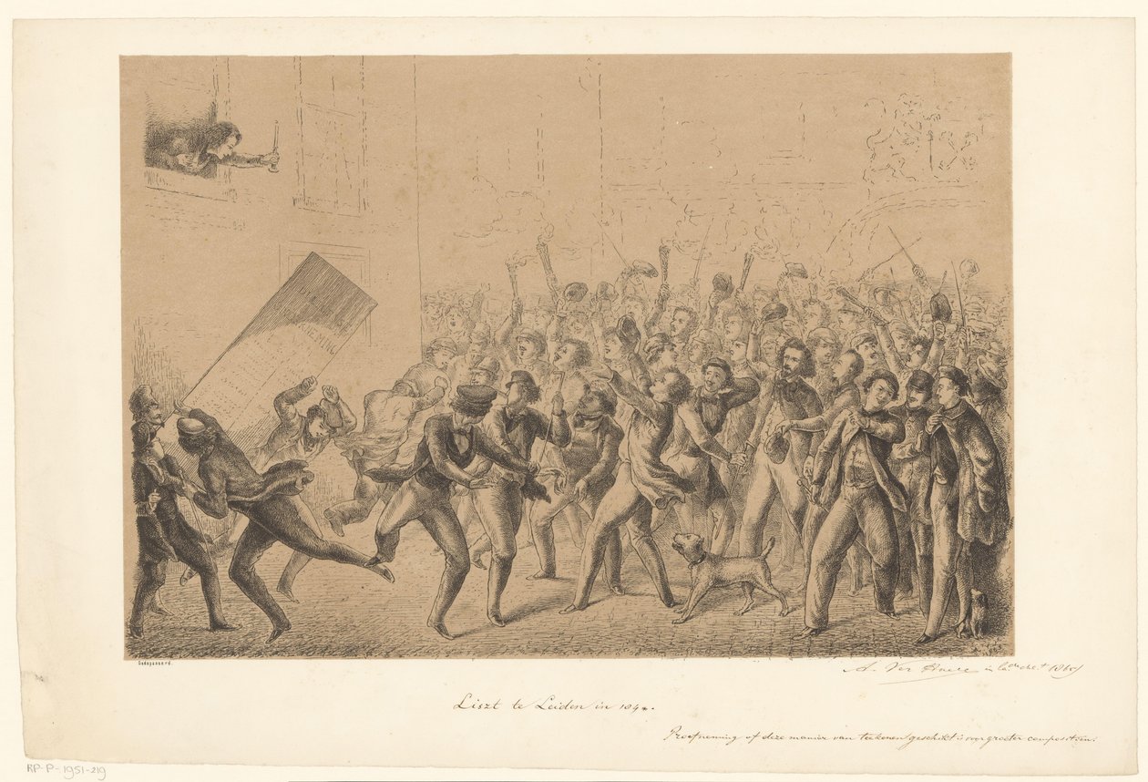 Jublende studenter hilser på idolet Franz Liszt Liszt i Leiden i 184* (tittel på objekt) Fra fortiden (serietittel) av Alexander Ver Huell (signed by artist)
