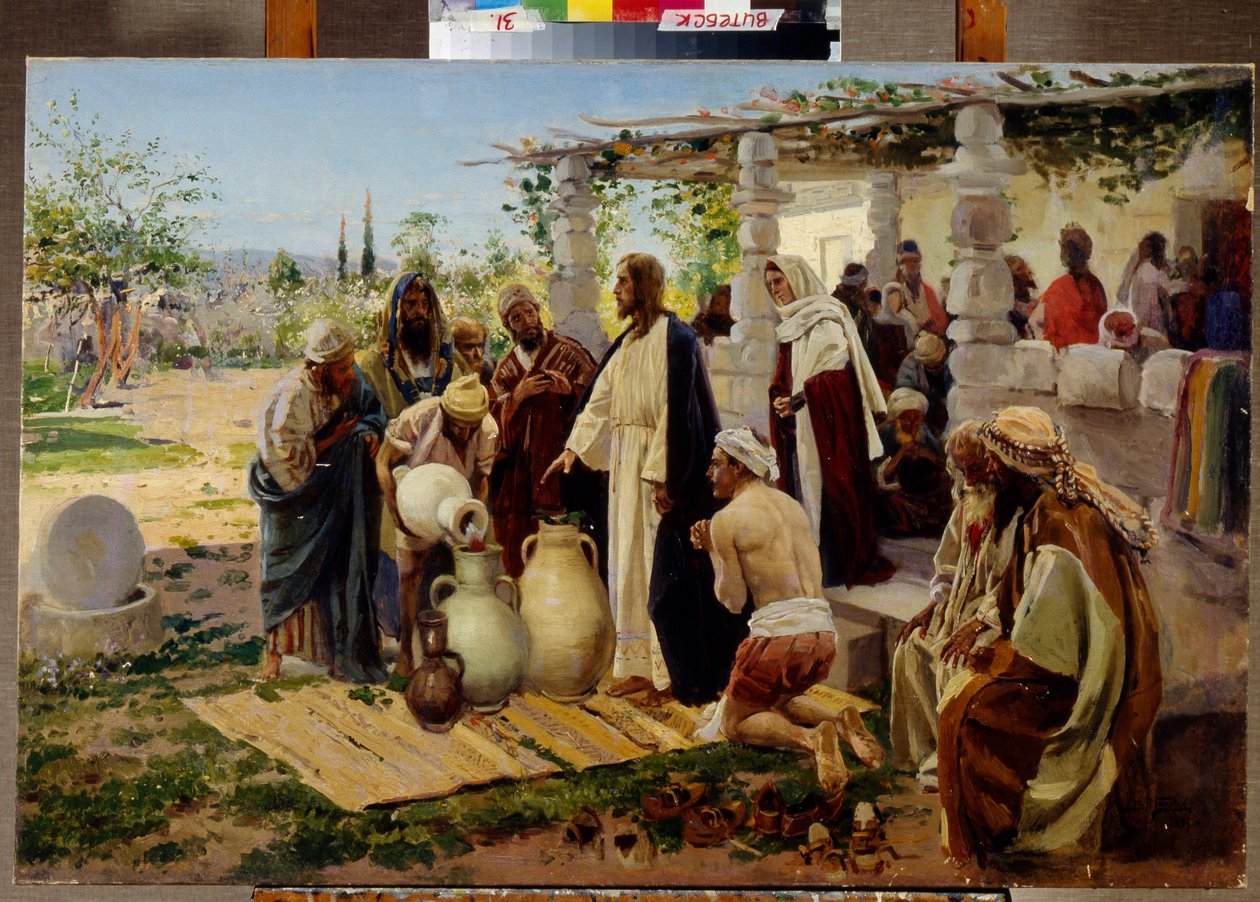 Miraklet med forvandlingen av vann til vin i Kana (Israel). (Jesus beordrer tjenerne til å fylle krukker med vann fra brønnen og utfører et første mirakel ved bryllup der vinen manglet). Maleri av Vladimir Yegorovich Makovsky (Makovsky, Makov av Alexander Vladimirovich Makovsky
