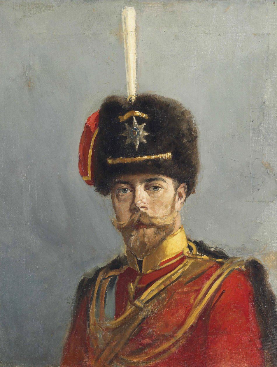 Portrett av keiser Nicholas II (1868-1918) av Makovsky, Alexander Vladimirovich (1869-1924). Olje på lerret, ca. 1907, Dimensjon : 62,9x47,5. Privat samling av Alexander Vladimirovich Makovsky