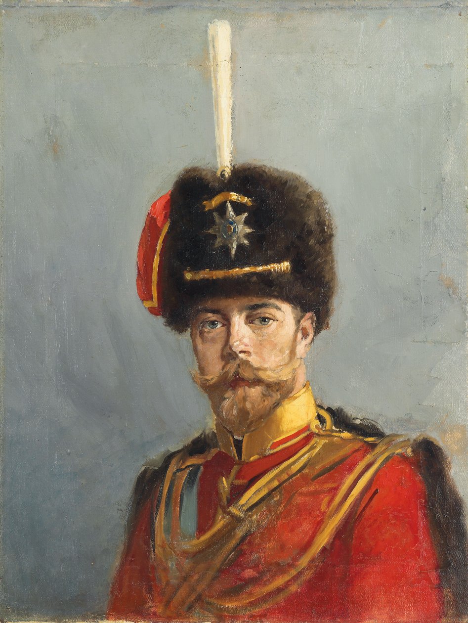 Studie for et portrett av keiser Nicholas II, sjef for gardehusarregimentet, ca. 1908 av Alexander Vladimirovich Makovsky