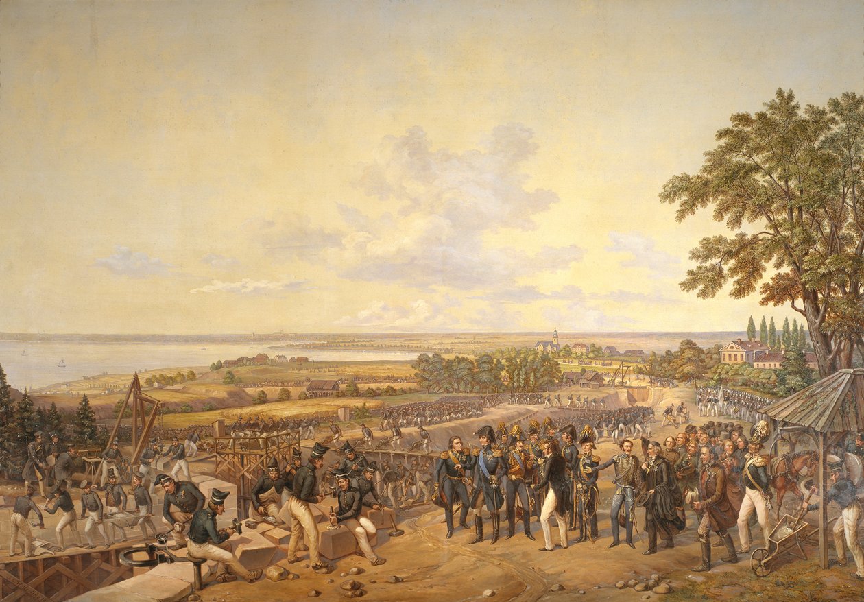 Kong Carl XIV Johan (1763-1844) av Sverige på besøk i kanalslusene ved Berg i 1819, 1856 av Alexander Wetterling