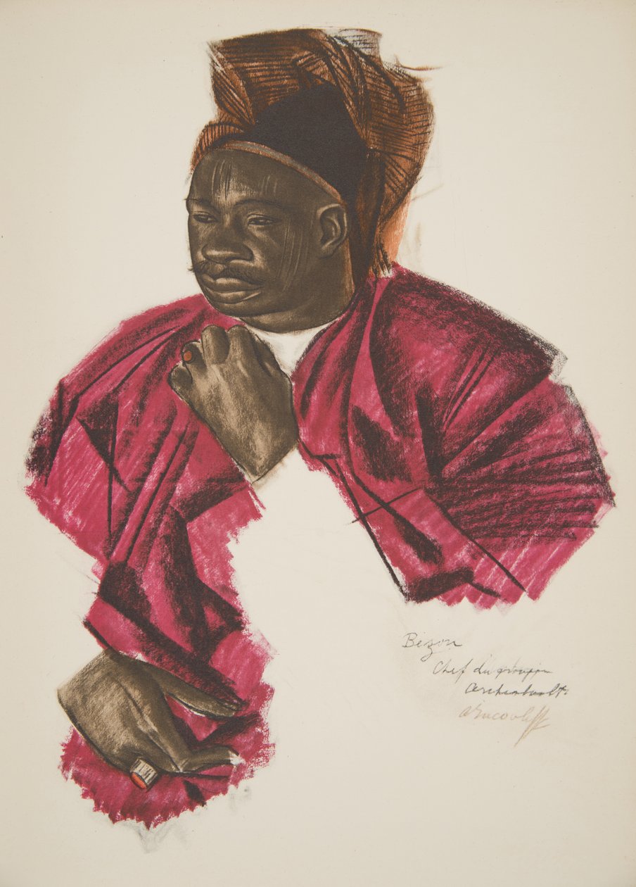 Bezou, gruppeleder (Fort Archambault), fra Drawings and Paintings of Africa, henrettet under Citroen Center Africa-ekspedisjonen, andre Haardt Audouin-Dubreuil-oppdraget, pub. Paris, 1927 (kol av Alexander Yakovlev