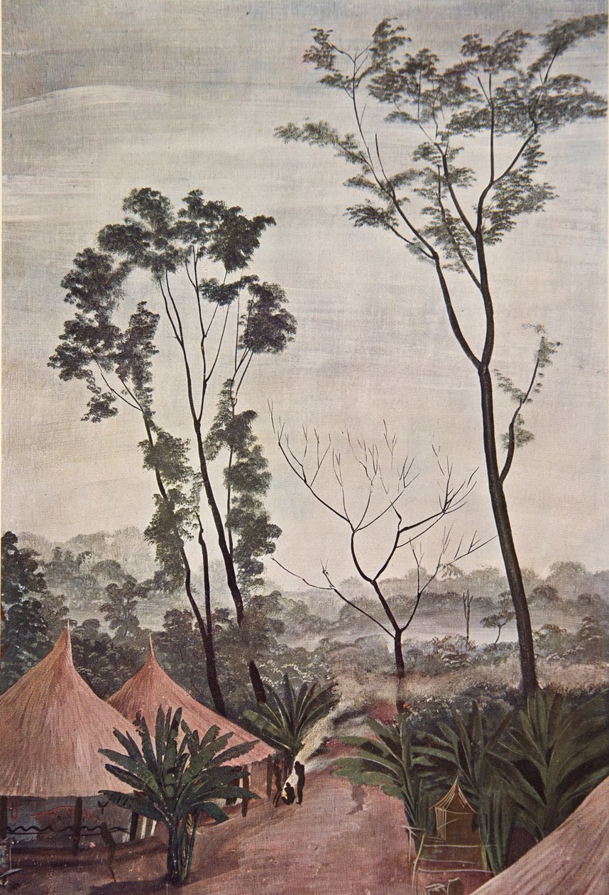 A Village in Loubangui - Chari, fra Drawings and Paintings of Africa, henrettet under Citroen Center Africa-ekspedisjonen, andre Haardt Audouin-Dubreuil-oppdraget, pub. Paris, 1927 (farge litho av Alexander Yakovlev