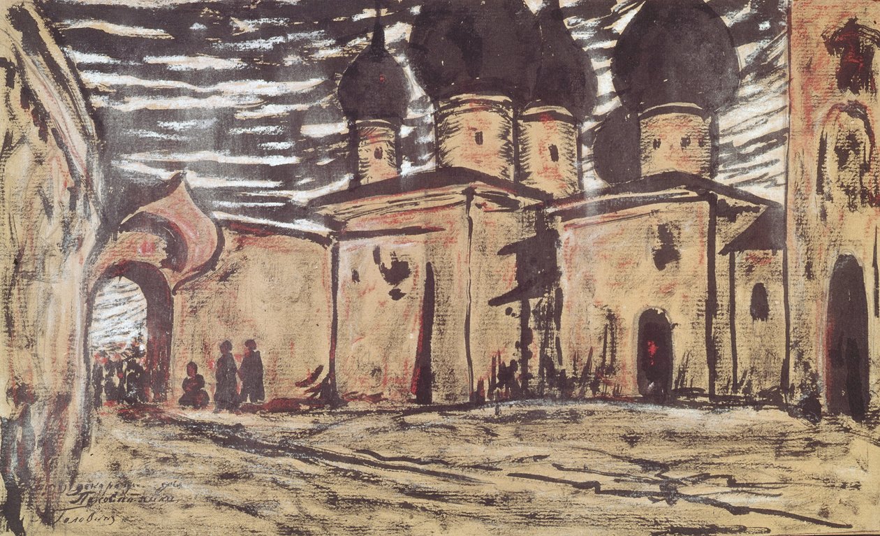 Scenografi for operaen The Pskov Maiden av N. Rimsky-Korsakov, ca. av Alexander Yakovlevich Golovin