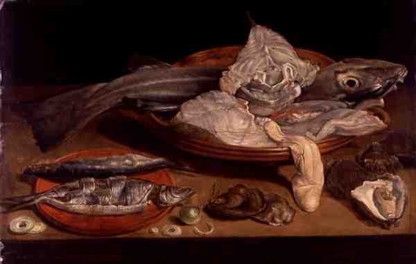 Stilleben med fisk og østers (olje på panel) av Alexander van Adriaenssen